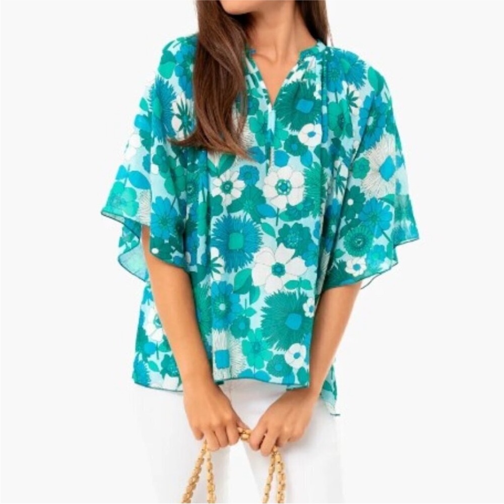 Antik Batik Teal and White Floral Blouse